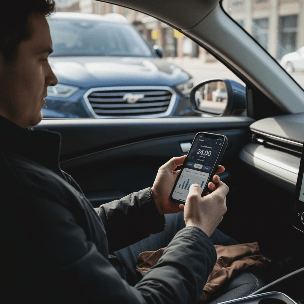 Driver standing next to a Ford Mustang Mach-E using a smartphone auto loan calculator app