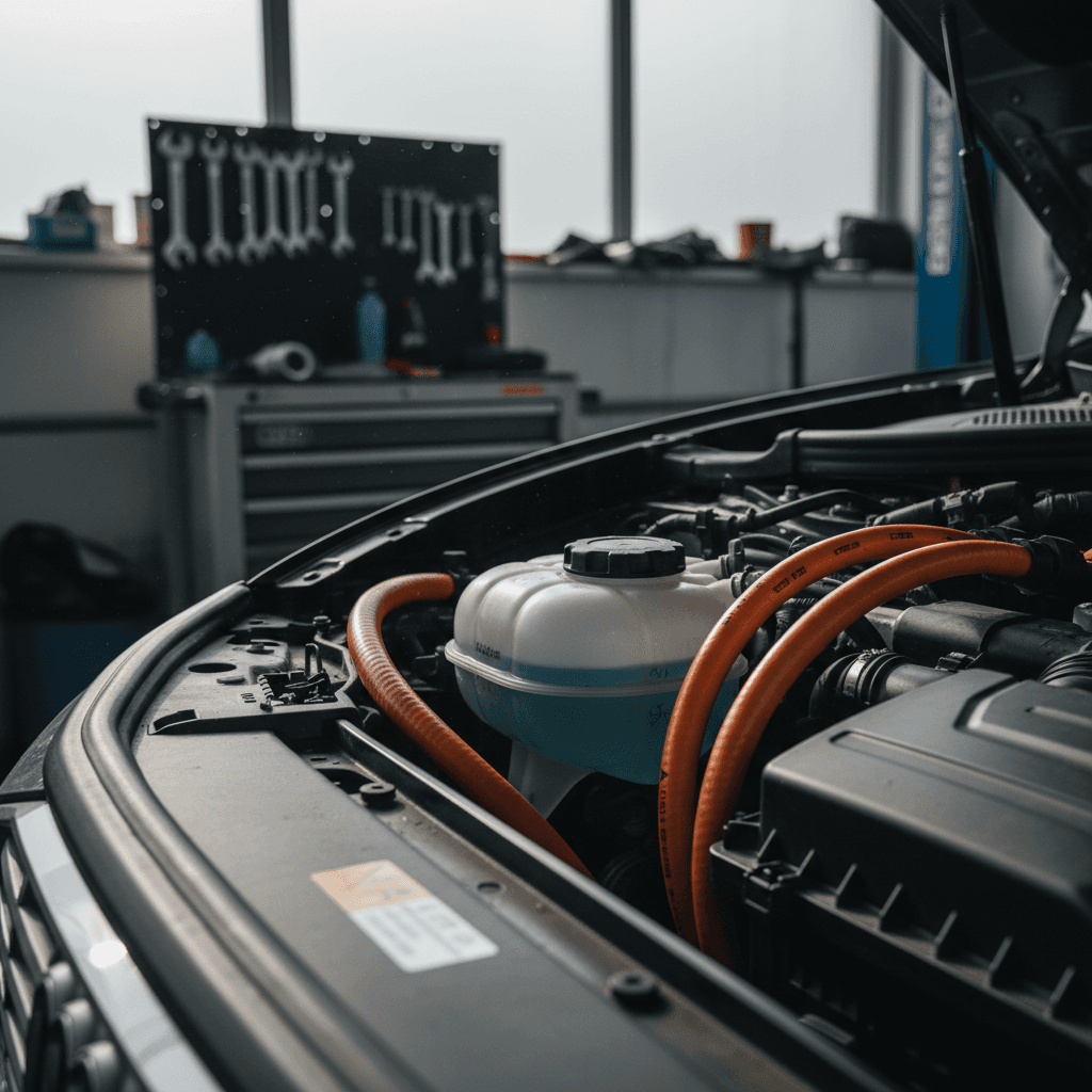 Technician inspecting the Audi Q4 e-tron coolant reservoir and high-voltage cables in a service bay