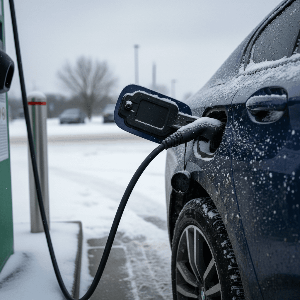 BMW i5 charging at a public fast charger during winter with snow on the ground