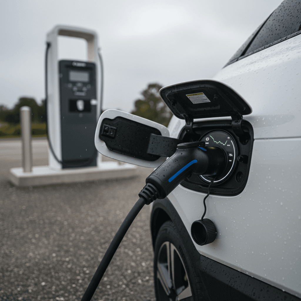 Fisker Ocean SUV plugged into a CCS DC fast charger showing charging power on the station screen