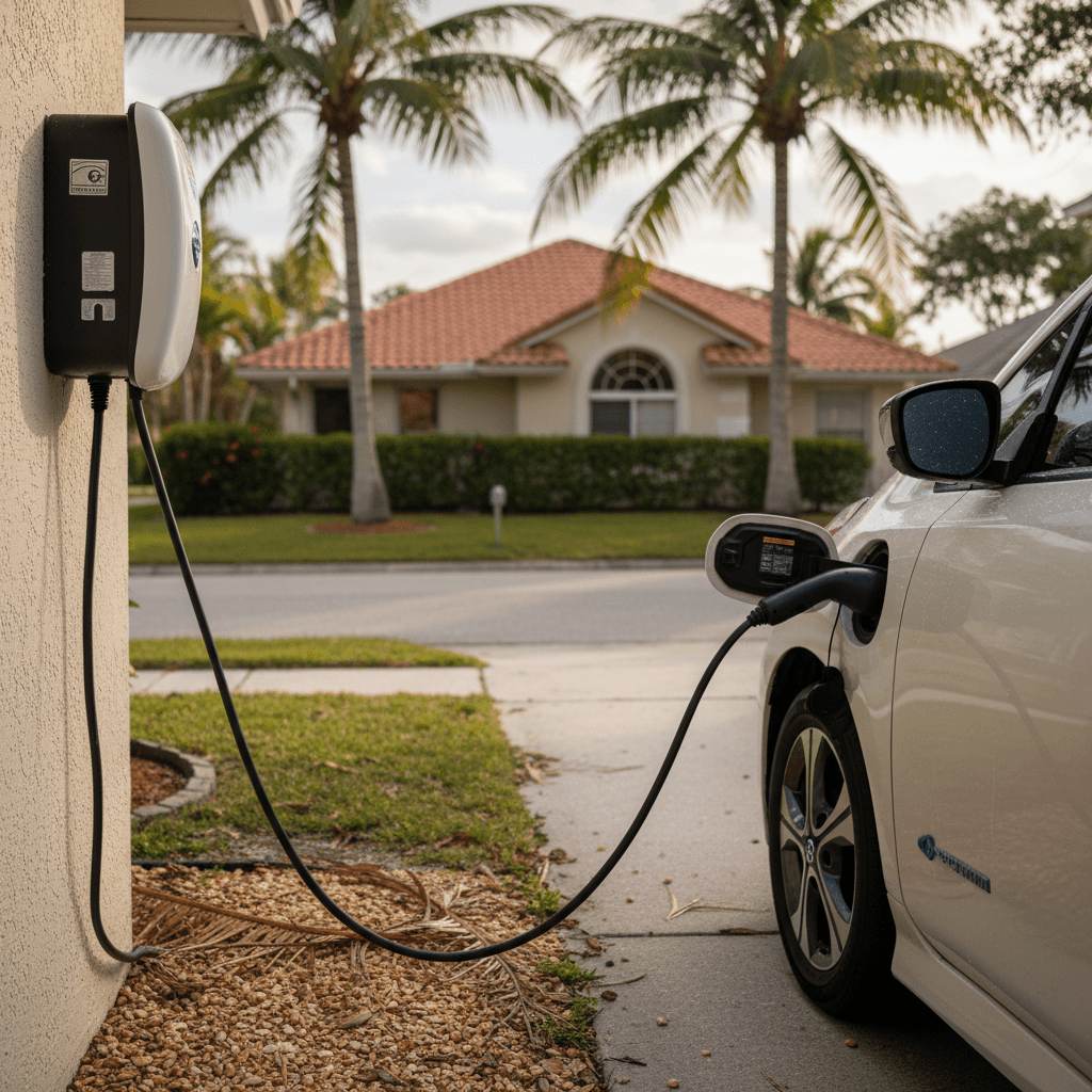 Home Level 2 EV charger installed on a garage wall of a Florida home with palm trees visible outside