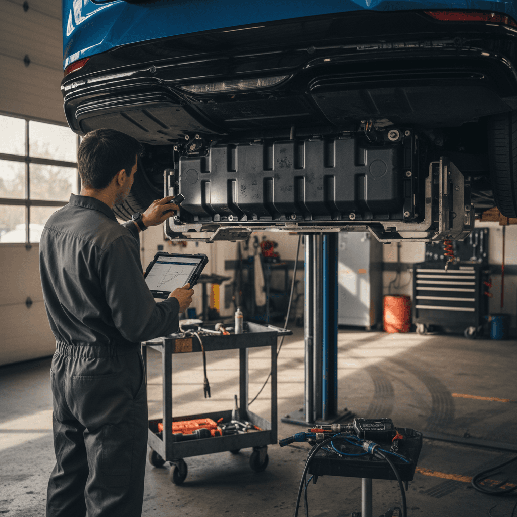 Technician inspecting the underfloor high-voltage battery pack of a Ford Mustang Mach-E on a lift