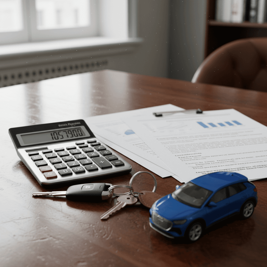 Calculator, loan paperwork, and car keys next to a scale model of an Audi Q4 e-tron, representing planning a monthly payment