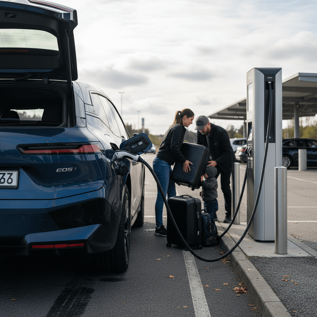 BMW iX plugged into a highway DC fast charger while passengers stretch their legs at a rest stop