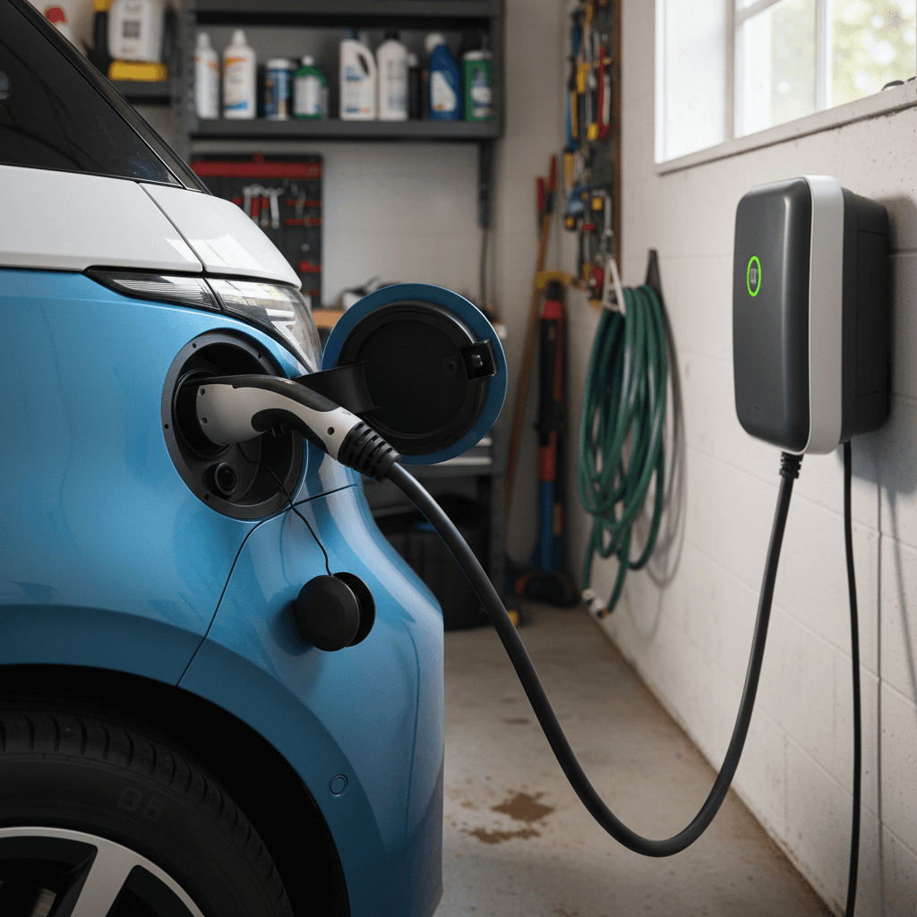 Volkswagen ID. Buzz plugged into a Level 2 wallbox charger in a home garage