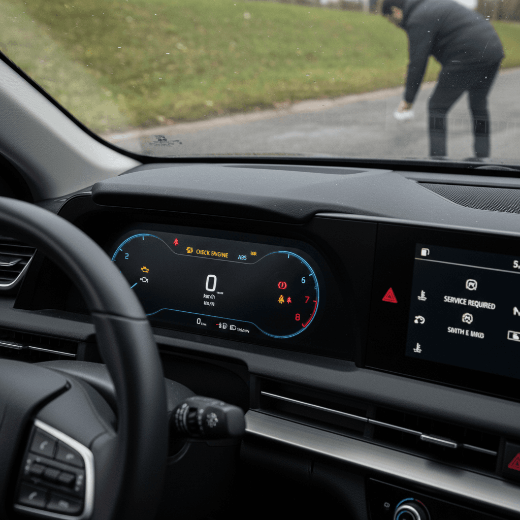 Kia EV6 driver pulled over on the shoulder with dashboard warning lights illuminated