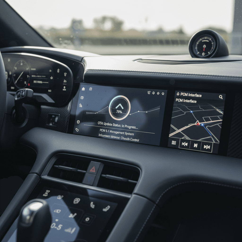 Porsche Taycan center touchscreen showing a software update screen in Porsche Communication Management