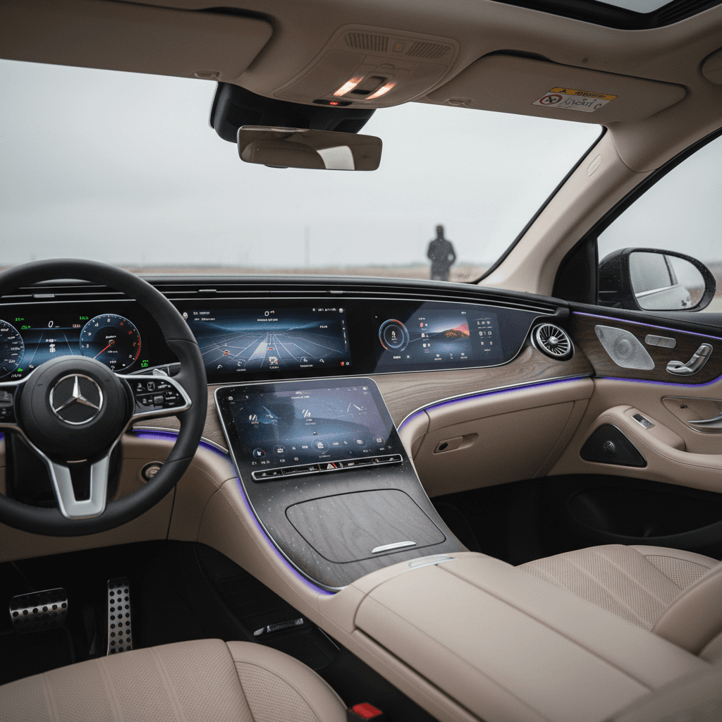 Luxury interior of a Mercedes EQS SUV with Hyperscreen and ambient lighting, showing the driver’s perspective