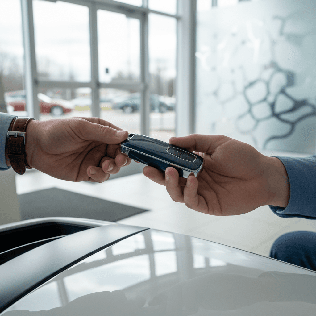 Seller handing keys over while a Tesla Model S sits cleaned and detailed outside a dealership-style building