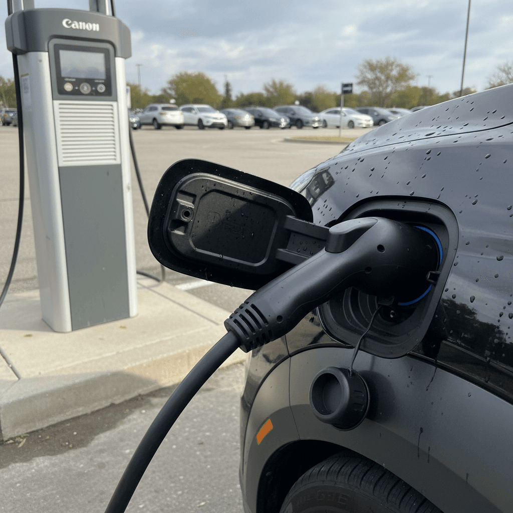 Close-up of a 2024 Hyundai Kona Electric charging port and connector during DC fast charging