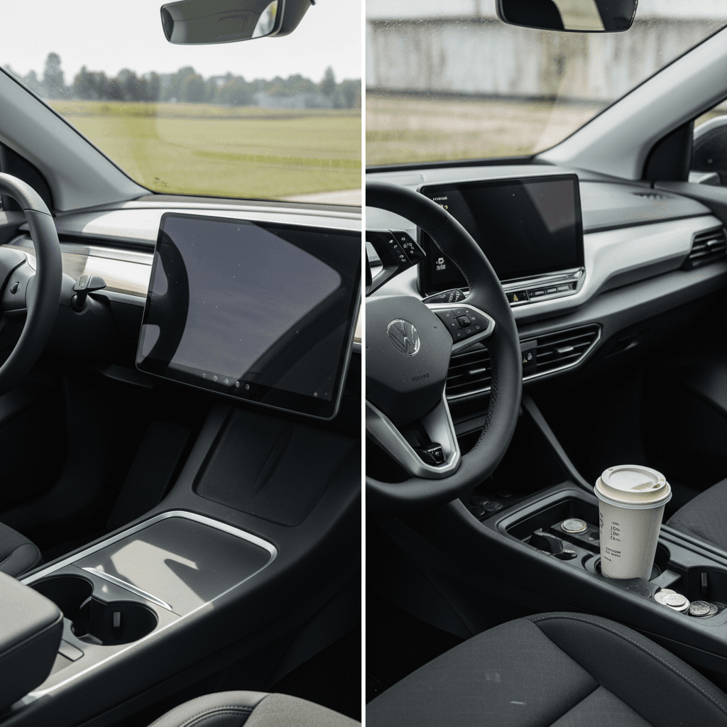 Side-by-side interior comparison of Tesla Model Y and Cadillac Lyriq dashboards highlighting screens and controls