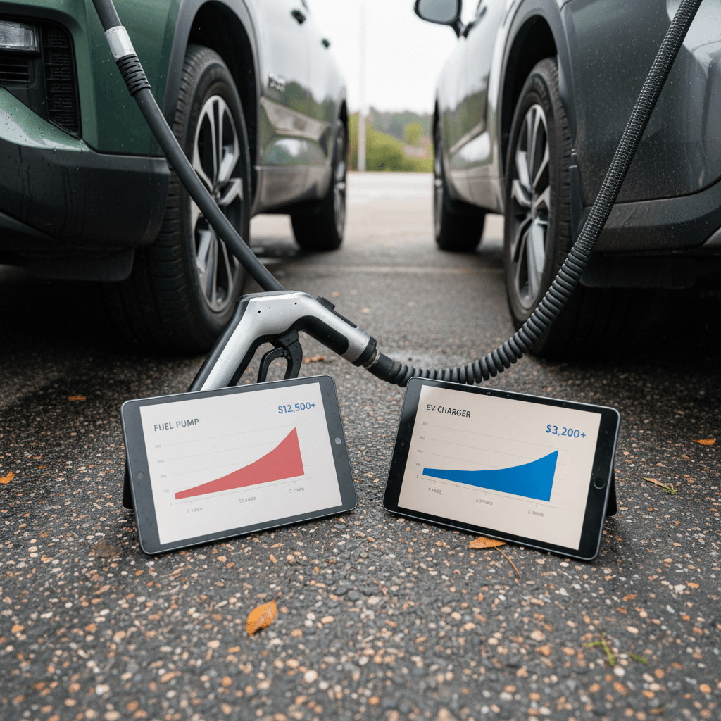 Illustration showing long-term fuel versus electricity costs for a Toyota Highlander and Rivian R1S