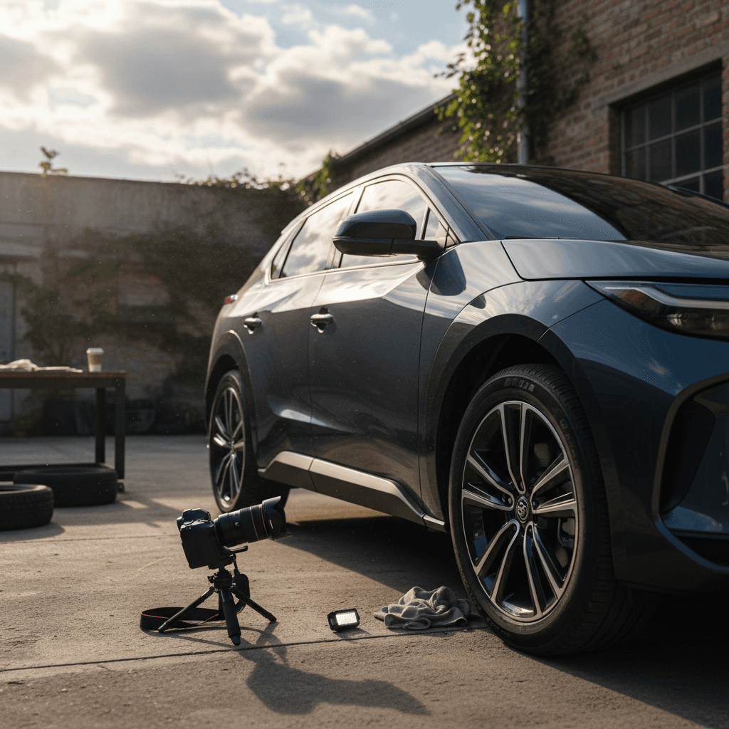 Owner photographing a used Toyota bZ4X from multiple angles to prepare an online listing
