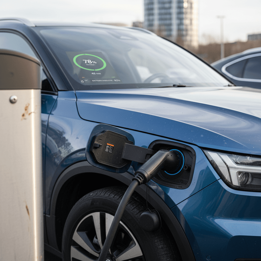 Volvo EX30 plugged into a DC fast charger with the charging screen showing state of charge and remaining time