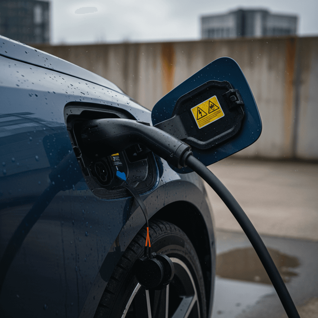 Close-up of a BMW i4 charging port and high-voltage warning label while plugged into a home EV charger