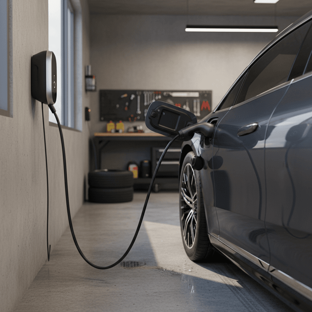 Mercedes EQS charging on a wall-mounted Level 2 home charger in a modern garage