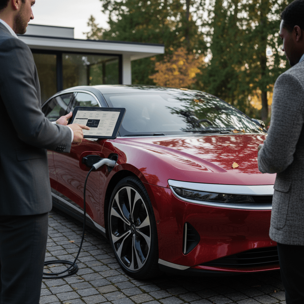 Lucid Air owner reviewing car insurance options on a tablet next to the vehicle