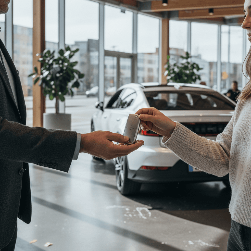 Seller and buyer finalizing paperwork next to a clean white Polestar 2 in a bright showroom