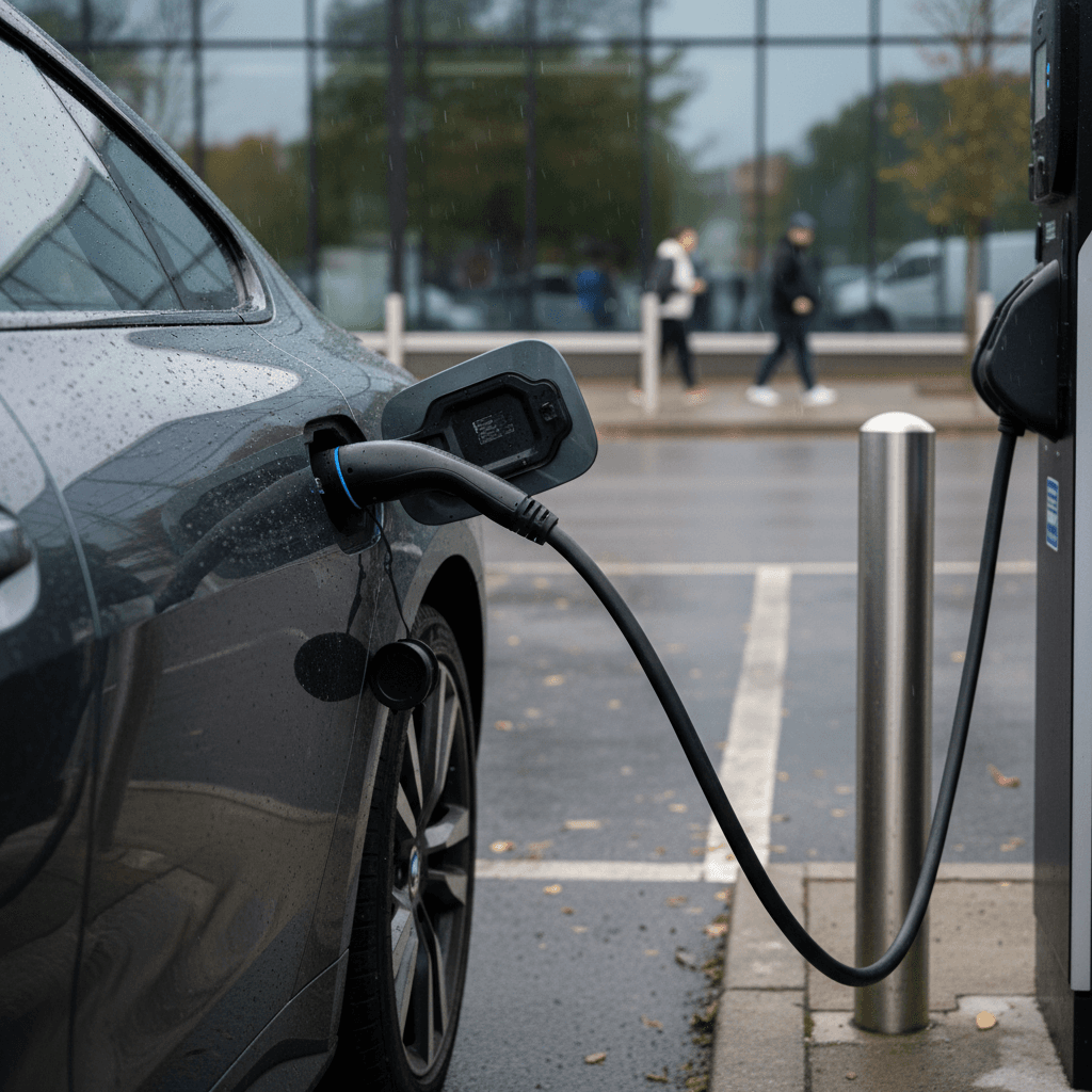 Side view of a 2024 BMW i4 plugged into a DC fast charger, highlighting Gran Coupe styling