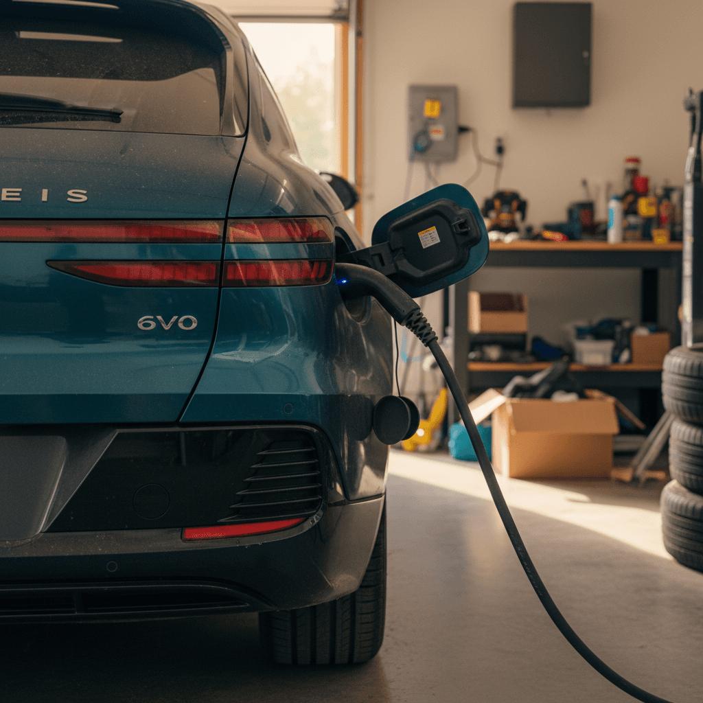 Audi Q4 e-tron owner handing keys to a buyer next to a home charging station