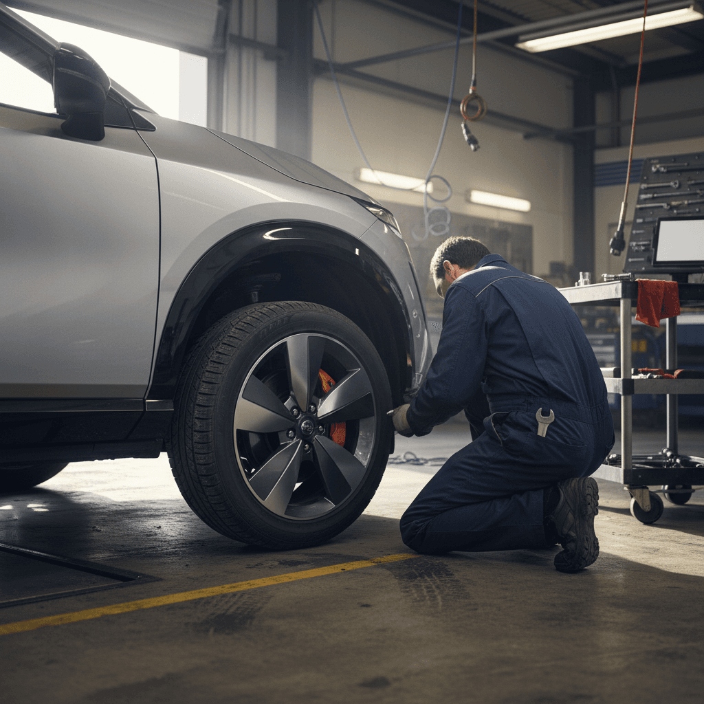Technician rotating the tires and inspecting the brakes of a Nissan Ariya on a lift