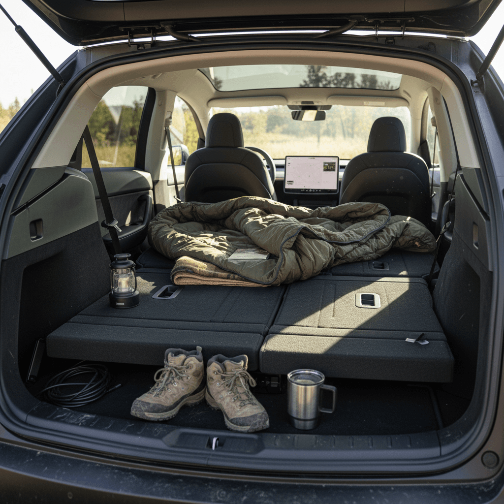 Tesla Model Y interior with rear seats folded flat and camping mattress laid out in the cargo area