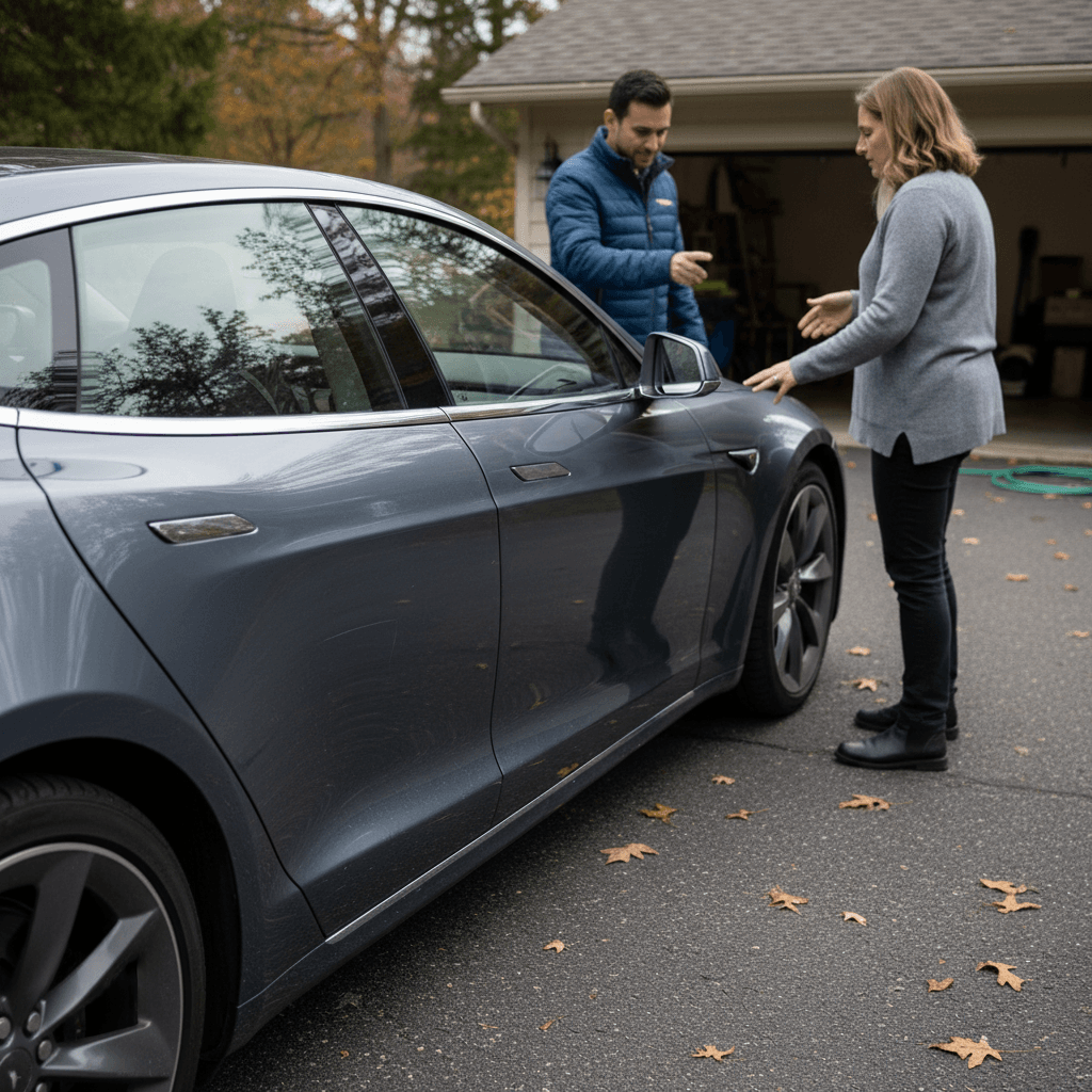 Seller and buyer examining a 2023 Tesla Model S before completing a used EV sale