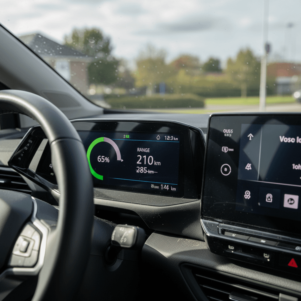 Volkswagen ID.4 digital cockpit displaying battery state of charge and estimated range on central screen