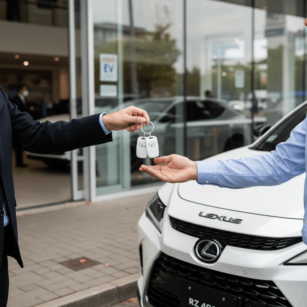 Seller meeting with an EV specialist to review a battery health report for a Lexus RZ 450e before selling