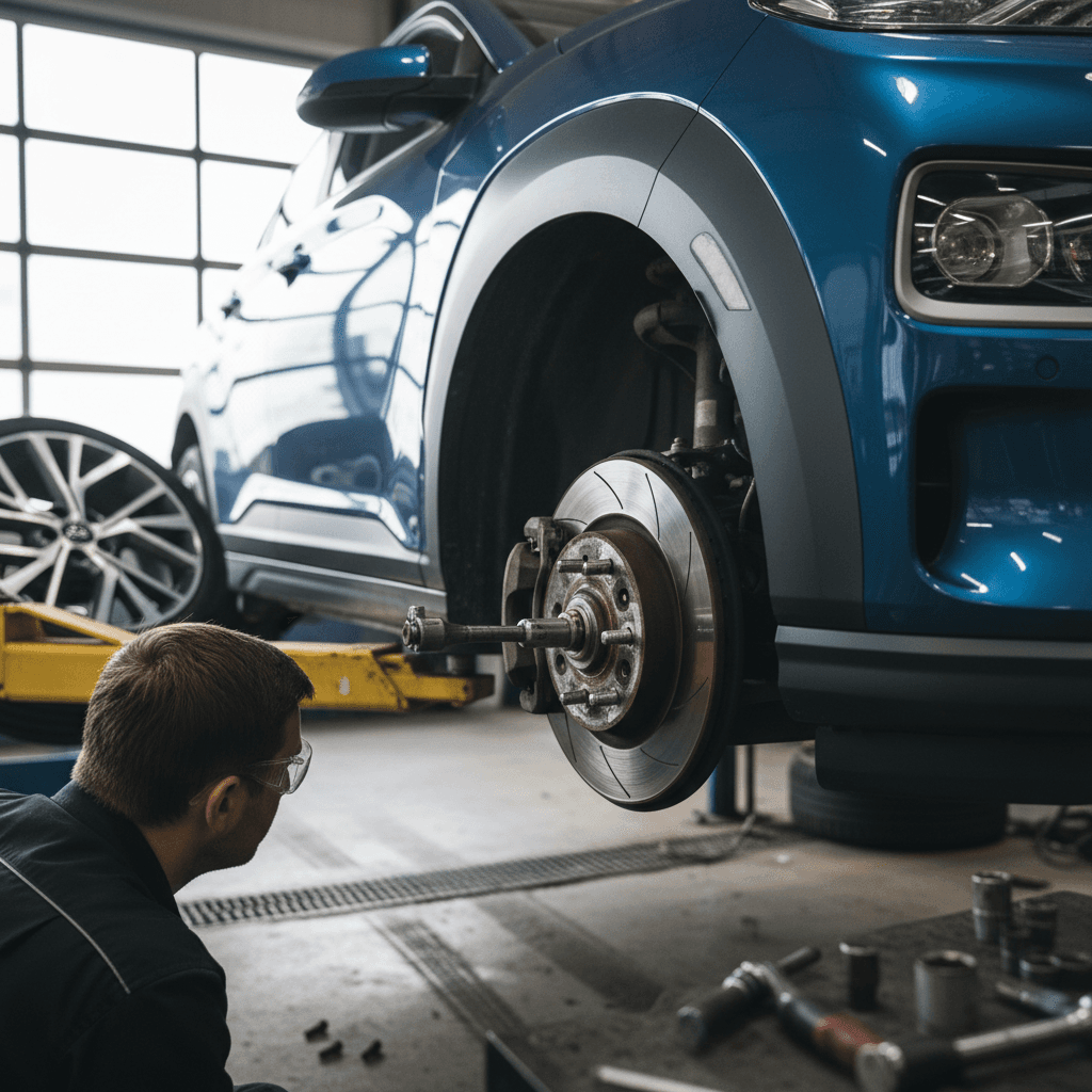 Technician checking brakes and tires on a Hyundai Kona Electric on a lift