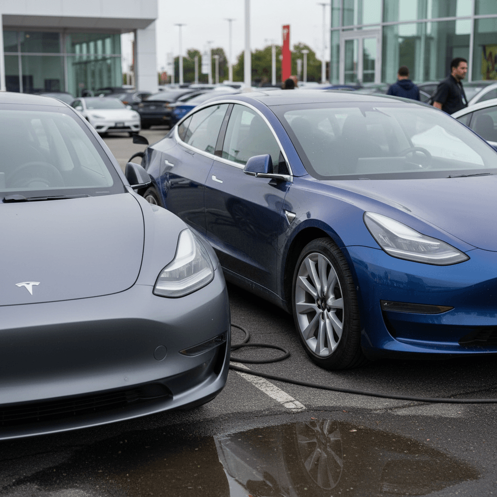 Side‑by‑side view of a compact Tesla crossover rendering next to a used Tesla Model 3 in a dealership lot