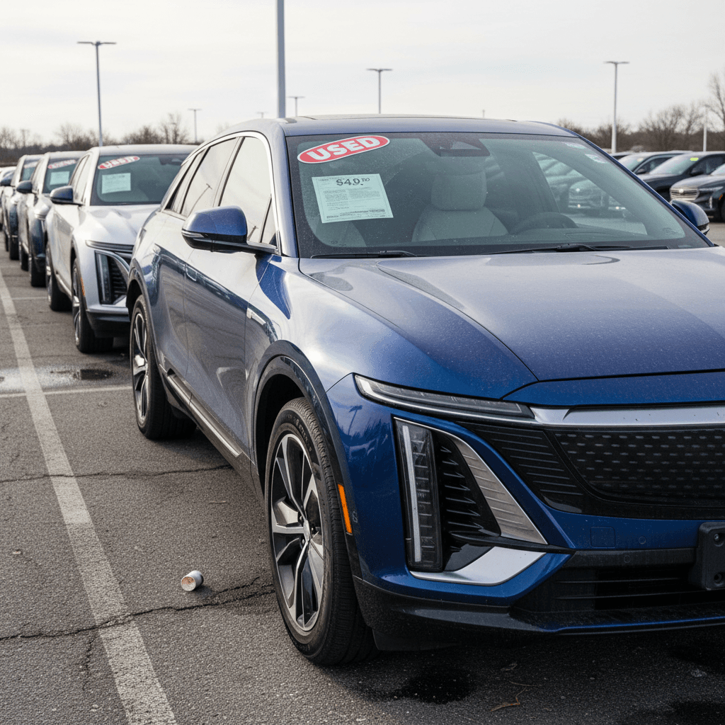 Row of used Cadillac Lyriq electric SUVs in a lot, emphasizing their appeal as used luxury EVs