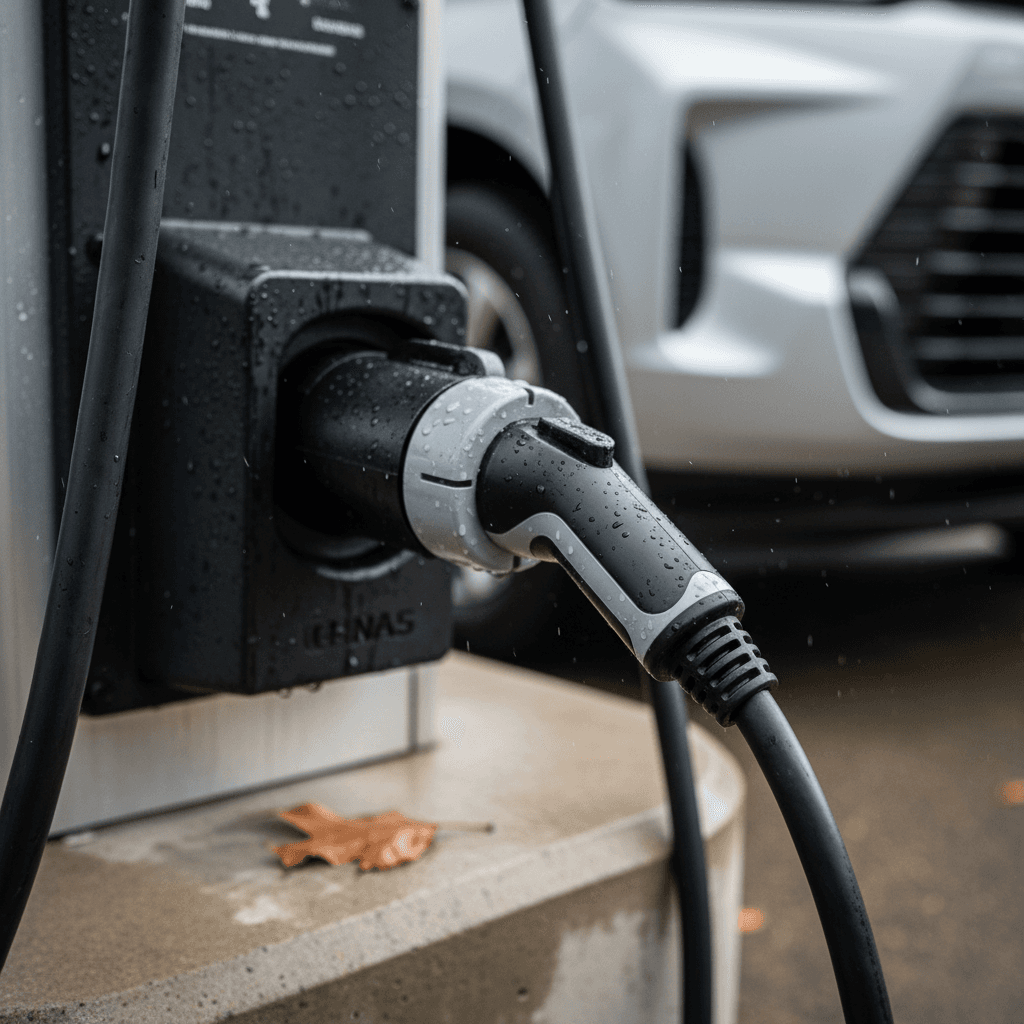 Side by side comparison of slim NACS connector and larger CCS1 connector in a public fast charging station