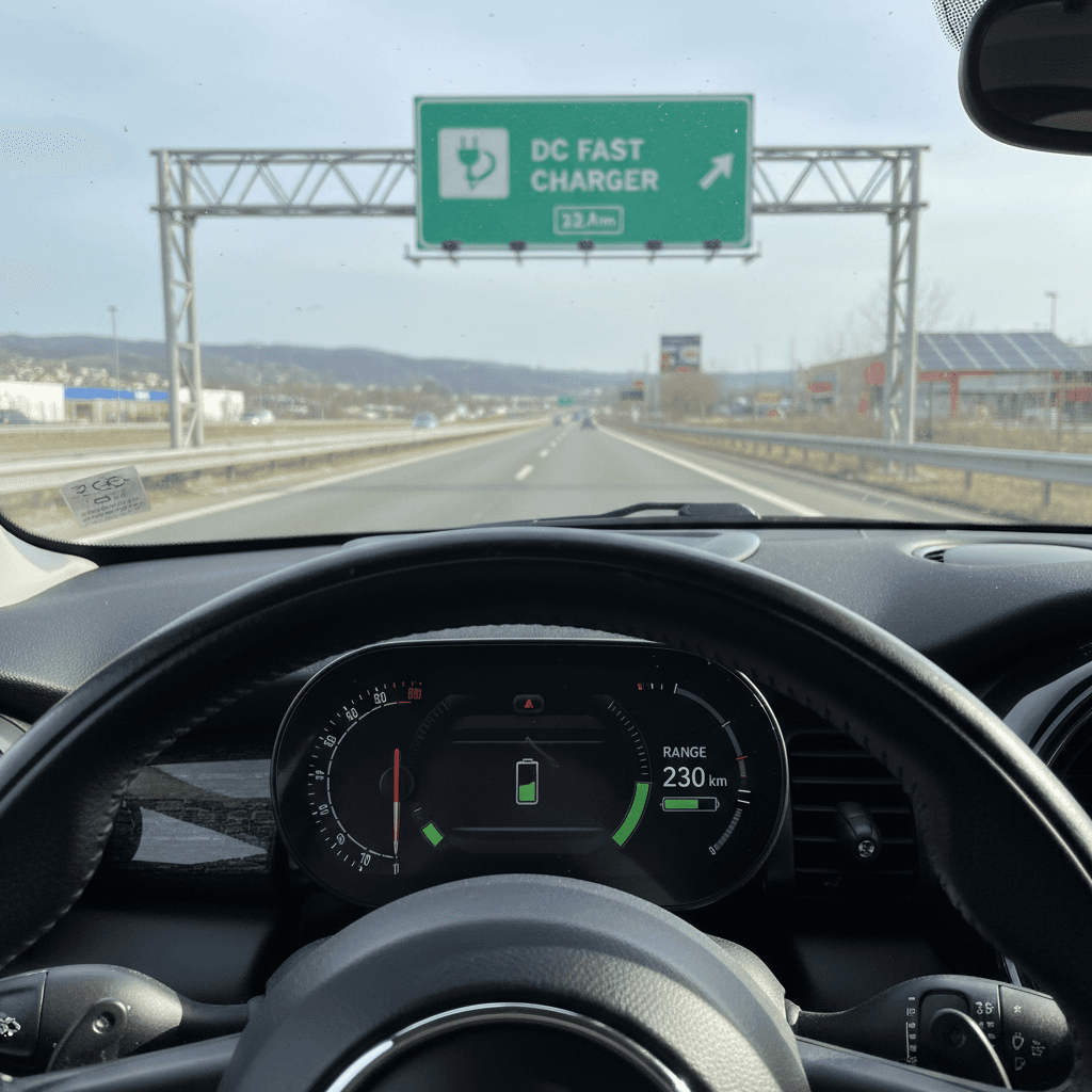 Driver’s view inside a Mini Cooper SE on the highway, showing the digital instrument cluster with remaining range while approaching a DC fast charging station