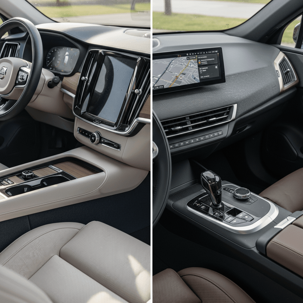 Side-by-side comparison of Volvo EX90 and BMW iX interiors showing seating and dashboard layouts
