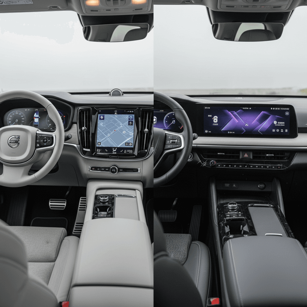 Split view of Volvo EX90 and Kia EV9 interiors, highlighting three-row seating and large infotainment screens