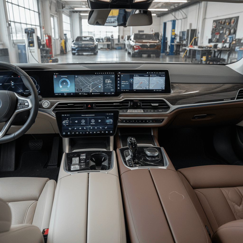 Luxury EV interiors of Lucid Air and BMW i7 showing infotainment screens, rear seating, and ambient lighting