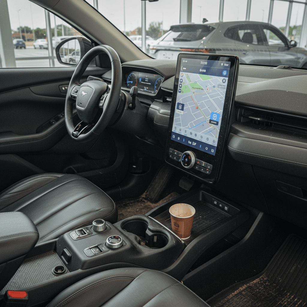 Front seats and touchscreen of a Ford Mustang Mach‑E in a showroom, highlighting the minimalist EV interior