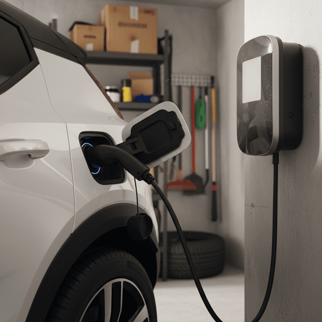 Volvo EX30 charging from a Level 2 wallbox in a home garage, illustrating lower cost per mile than public fast charging