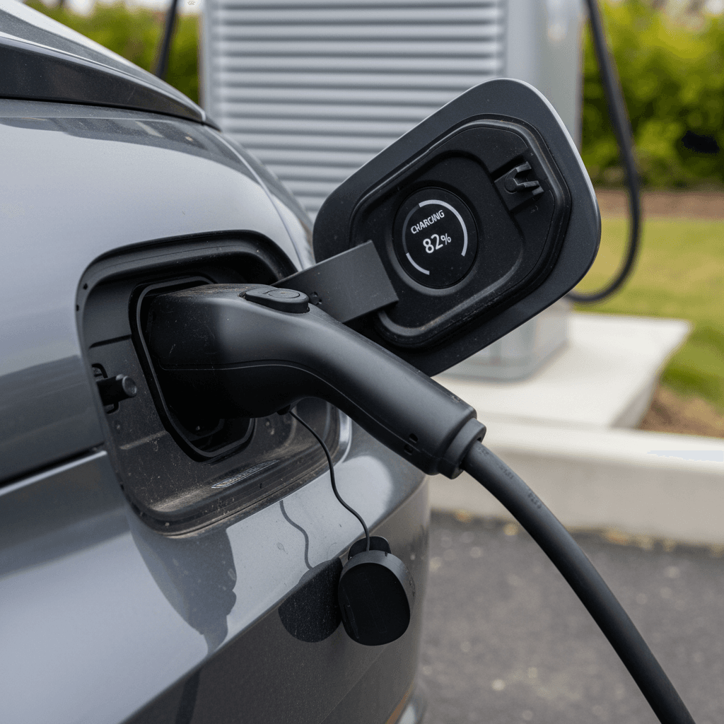 Hyundai Ioniq 6 charge port and dashboard showing charging status at a DC fast charger