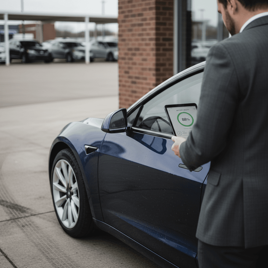 Salesperson using a tablet to appraise a used Tesla Model 3, displaying a detailed battery health and condition report