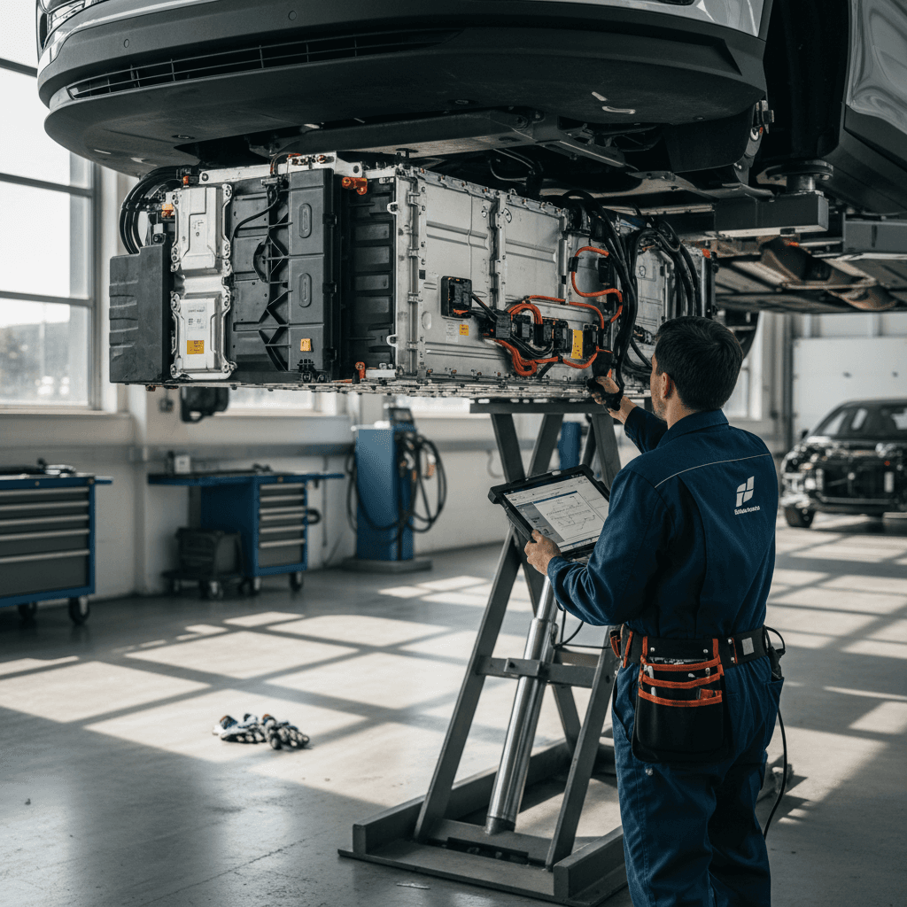 Technician inspecting a Polestar 2 high-voltage battery pack on a lift in a modern EV workshop