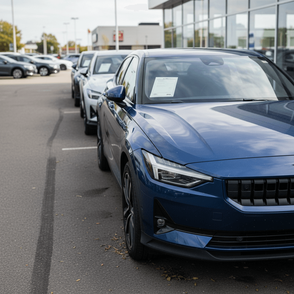 Row of used Polestar 2 vehicles lined up on a lot, illustrating depreciation and resale values