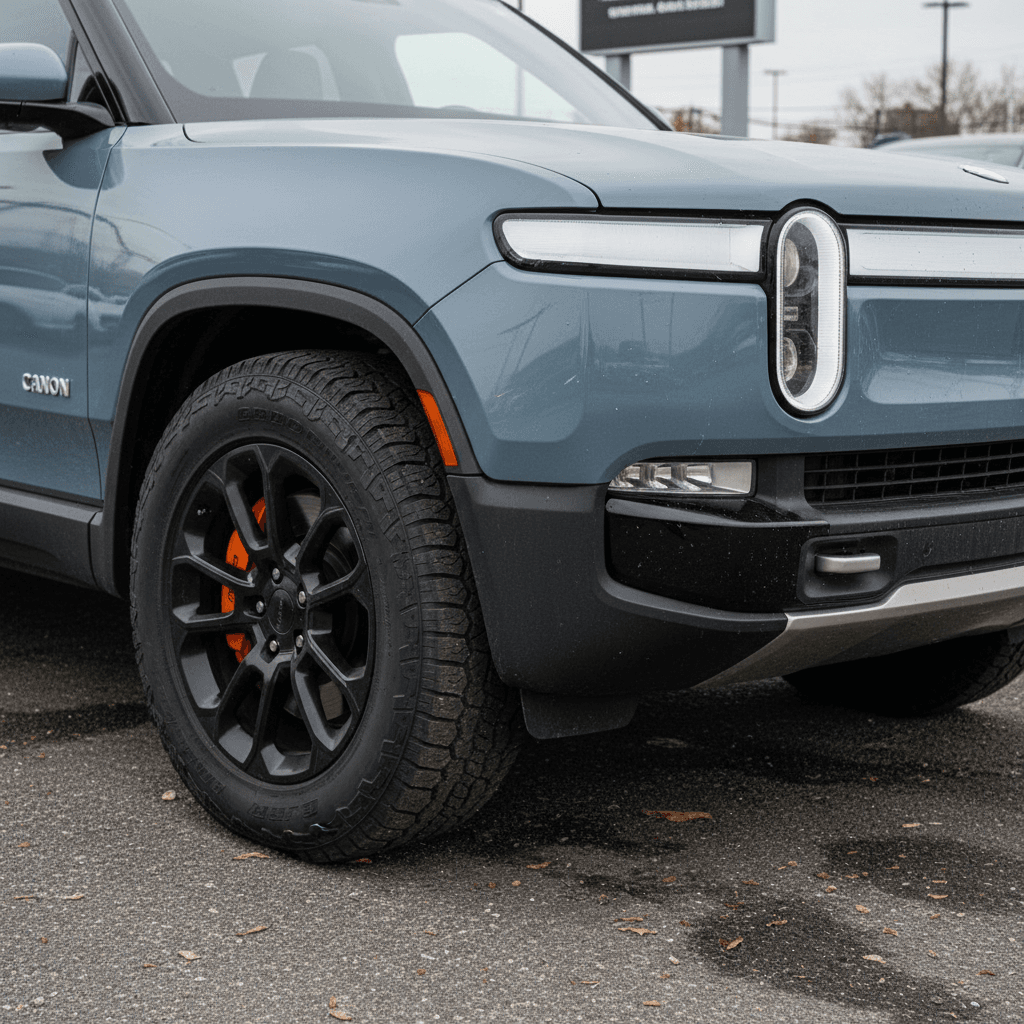 Used Rivian R1T electric truck parked in a dealer lot, highlighting wheels and front lighting signature