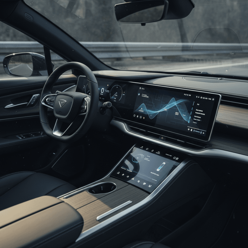 Lucid Air interior with digital driver display and center screens illuminated while parked