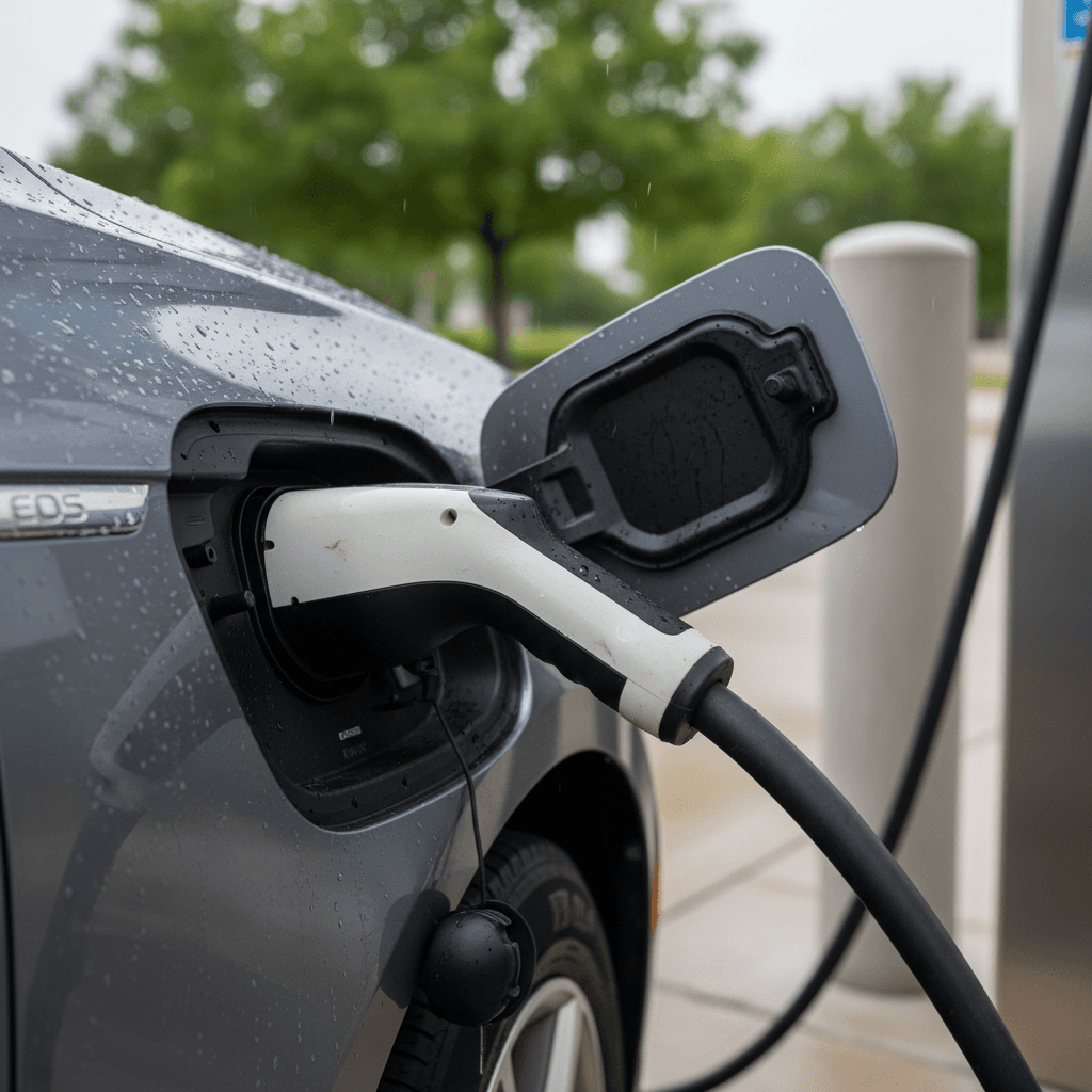 Cadillac Lyriq plugged into a public DC fast charger showing charging status on the station screen