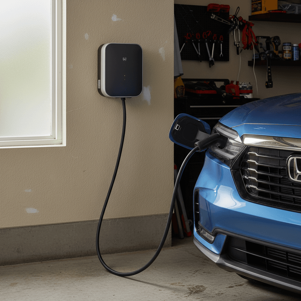 Wall-mounted Level 2 home EV charger plugged into a Honda Prologue parked in a residential garage