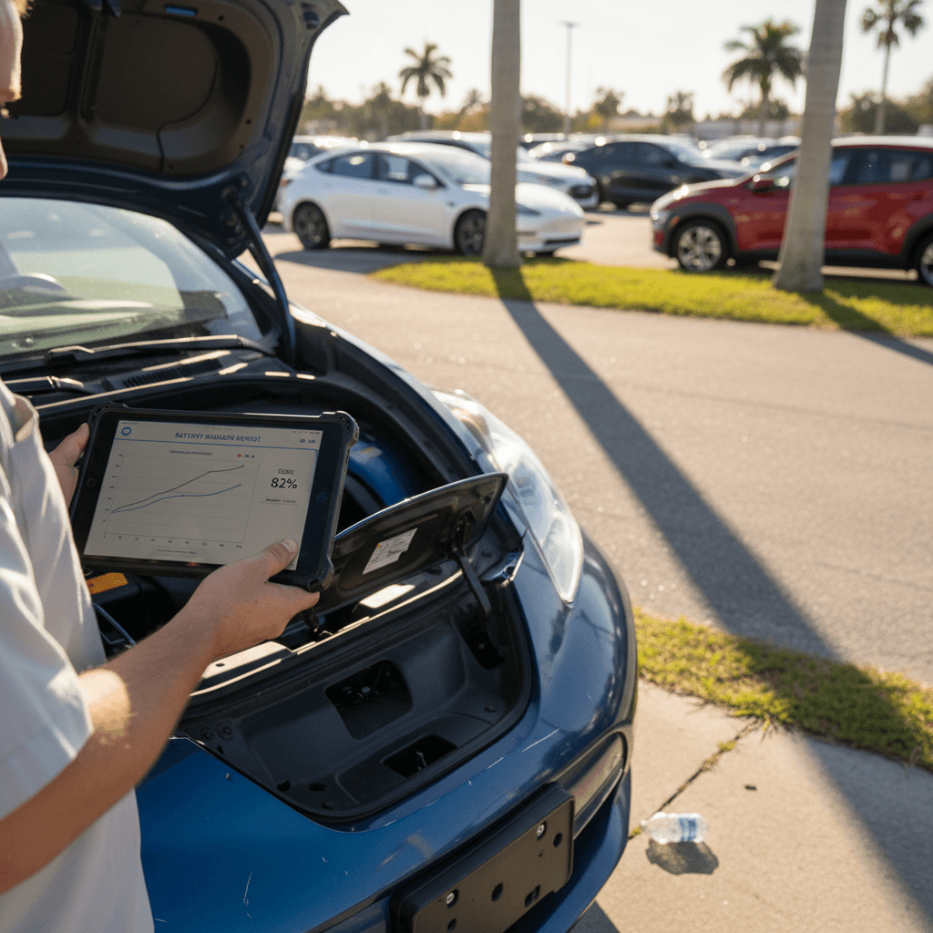 Florida car shopper reviewing a used EV battery health report on a tablet next to an electric car in bright sunlight