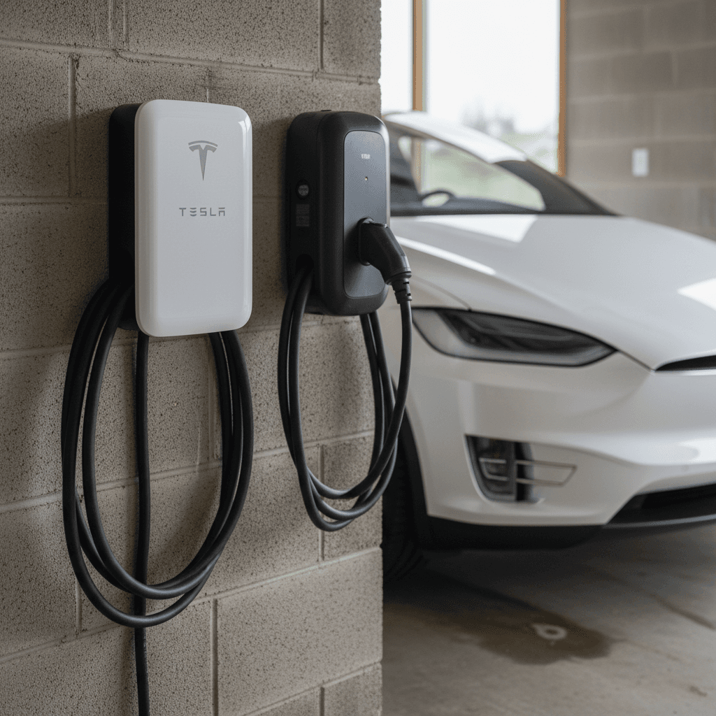 Side-by-side comparison of a Tesla Wall Connector and a third-party Level 2 home EV charger mounted on a garage wall