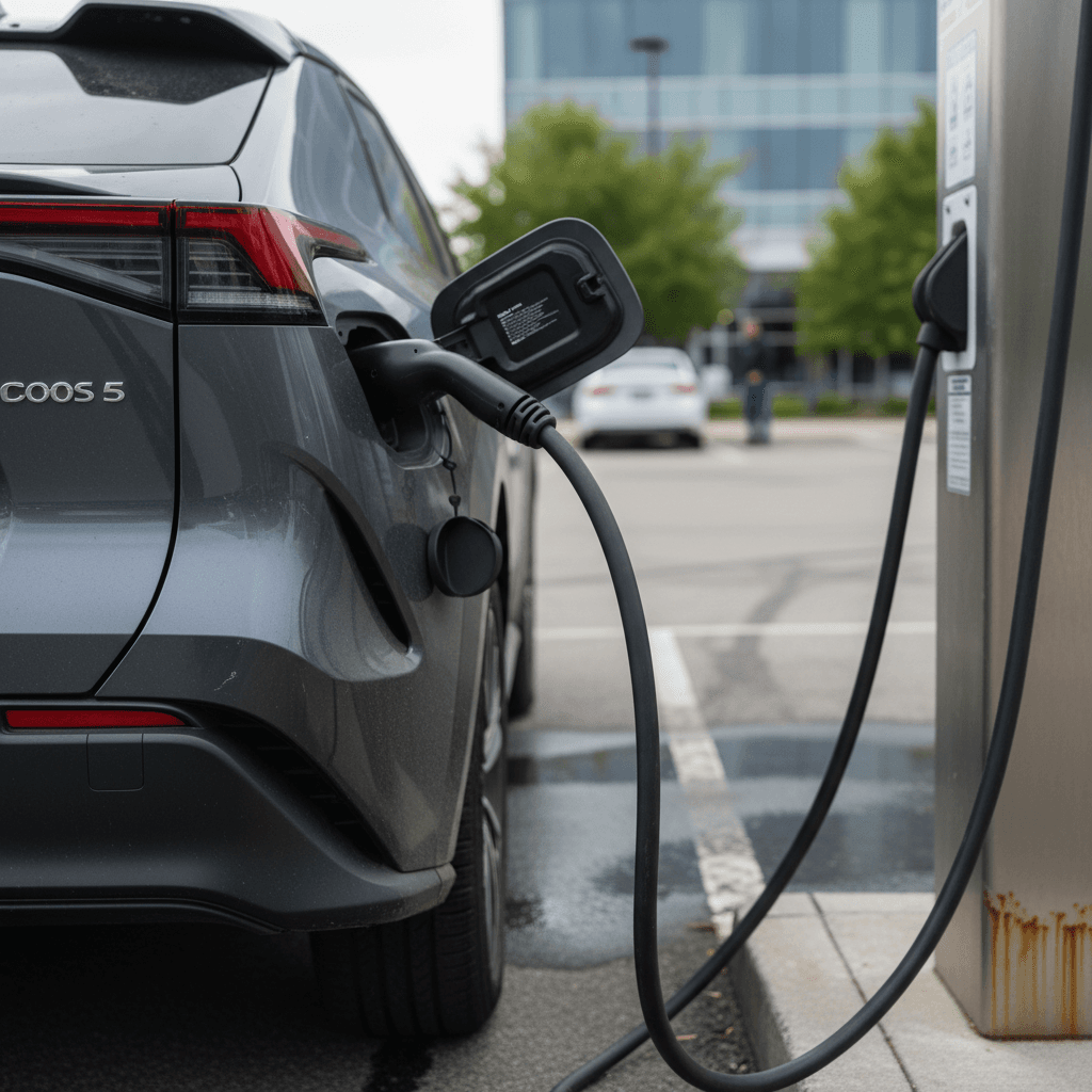 Used Toyota bZ4X plugged into a public DC fast charger, rear three-quarter view highlighting compact SUV shape